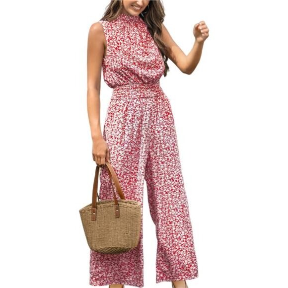 Women's Floral Summer Maxi Jumpsuit with Pocket Mock Neck Wide Leg - Picture 1 of 9